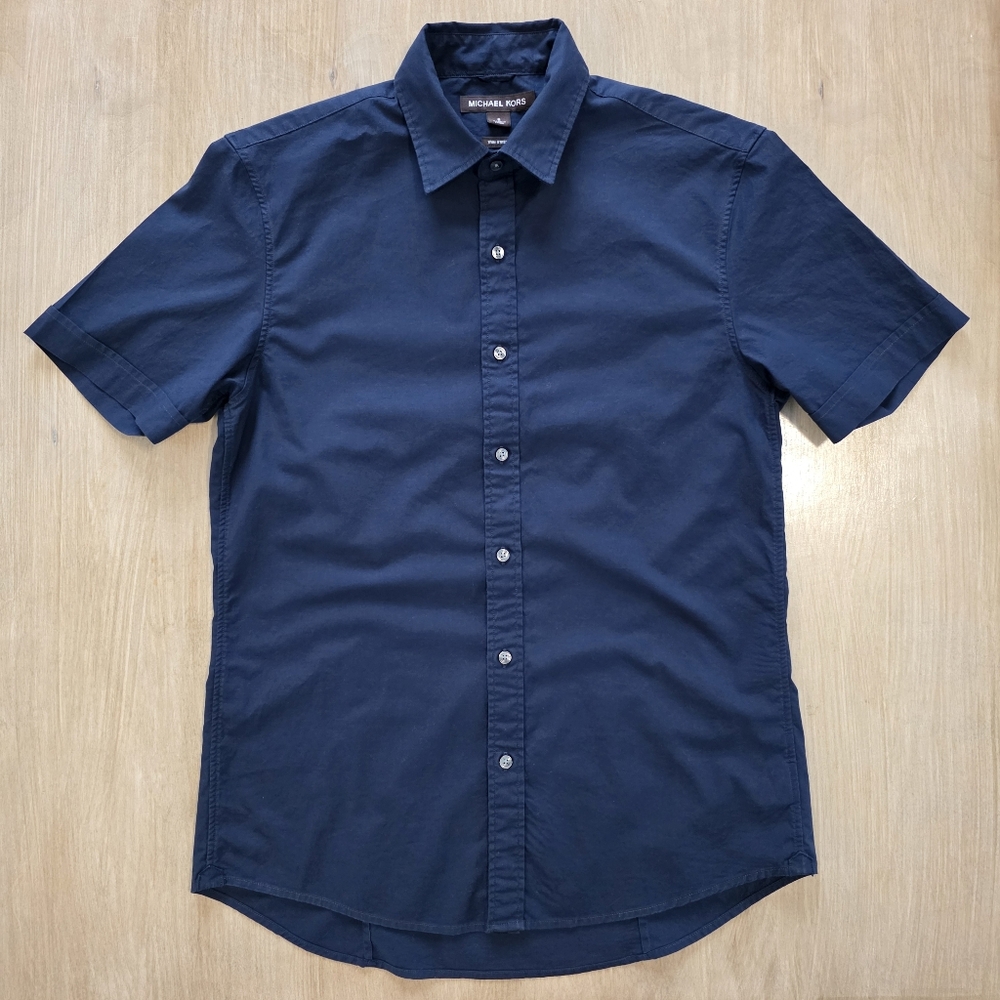 Michael Kors Trim Stretch Button-Up Shirt Navy Blue Short Sleeve Men’s S